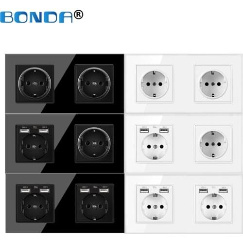 BONDA Electrical Outlets Usb Wall Socket EU Standard Tempered Crystal Glass Panel Power Strip Outlet 172 * 86mm AC 110V-250V 16A