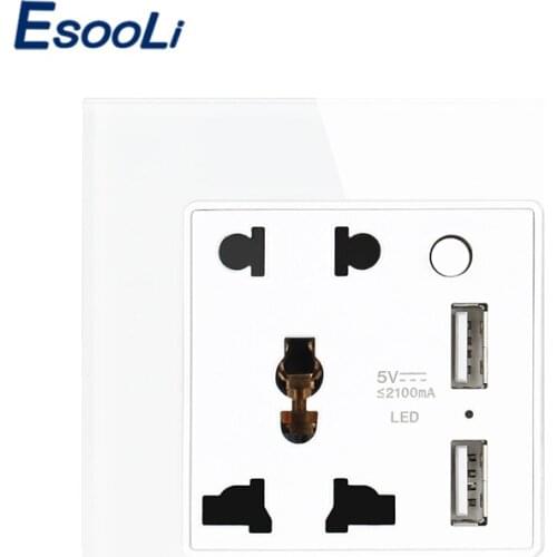 Esooli Power Outlet 5 Hole Universal Socket Switched With Dual USB Charge Port For Mobile Phone 2.1A Output LED Power Indicator