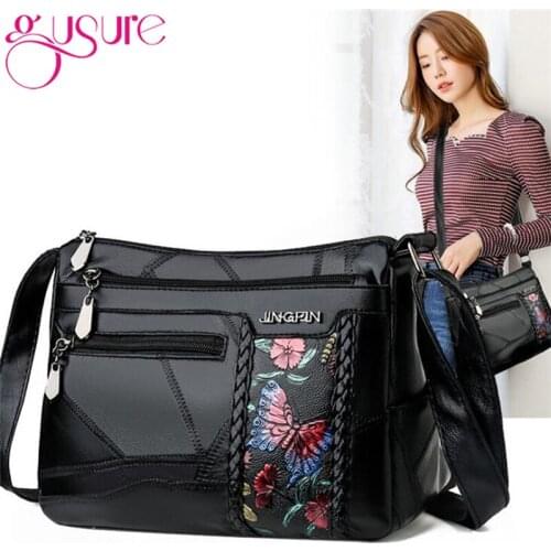 Gusure Elegant Flower Butterfuly Pattern Messenger Women Bags Soft Pu Shoulder Leather Crossbody Bag Leisure Female Mother Purse