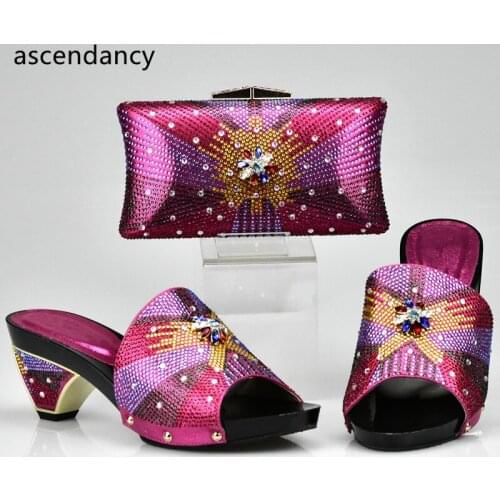 Fuchsia Color Italy Shoe and Bag Set Decorated with Rhinestone High Quality African Women Wedding Shoes and Bag Set Party Shoes