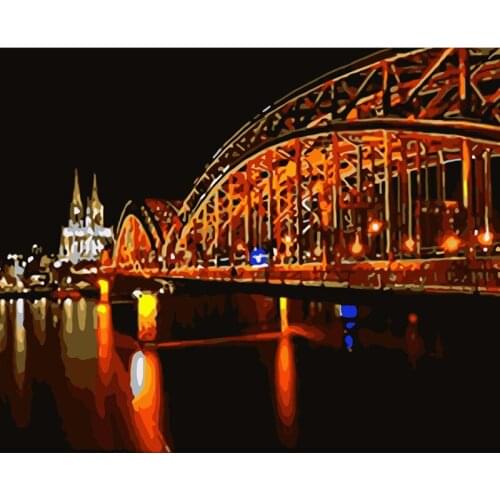 Water bridge night view, lighting neon Landscape Picture Drawing Living Room Acrylic Holiday Gifts Linen Decor Art Big Size