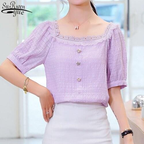 Summer Square Collar Lace Chiffon Blouses Women 2021 Pullover Puff Short Sleeve Fashion Plus Size Loose Shirts Tops Blusas 10206