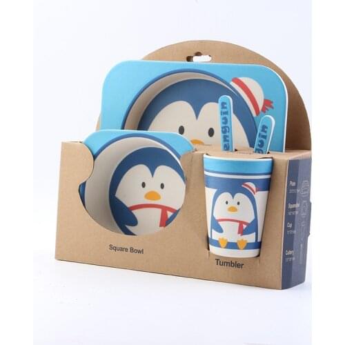 5pcs/set Cartoon Pattern Bamboo Fiber Tableware Set Kids Square Plate Set Children Bamboo Fiber Dinnerware