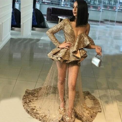 New Sxey Bling Gold Sequins Long Prom Dresses One-Shoulder V-Neck Ruffles Evening Gowns Custom Made Size Formal Dresses