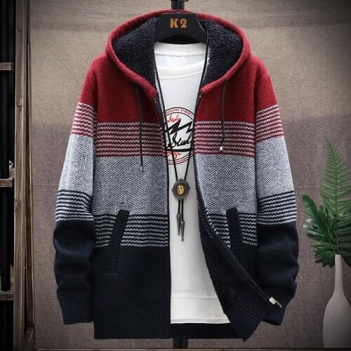 2021 Autumn Korean Hooded Mens Sweater with Thick and Velvet Mens Cardigan Knitted Sweater Coat Stripe Jacket Male M-4XL 8821
