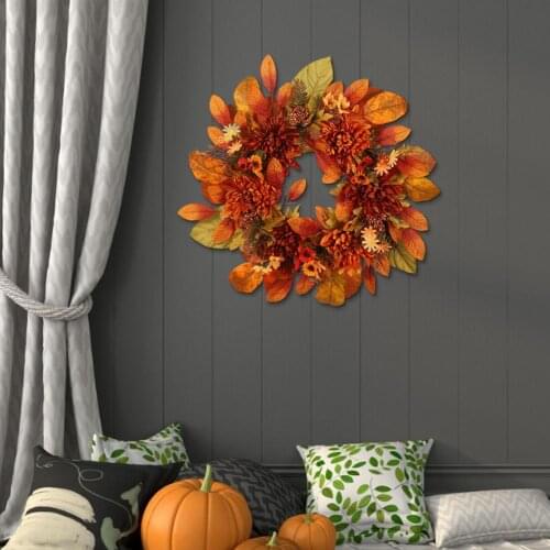 Autumn Chrysanthemum Maple Leaf Wreath Halloween Ornaments Door Wall Hanging Decoration Thanksgiving Simulation Wreath