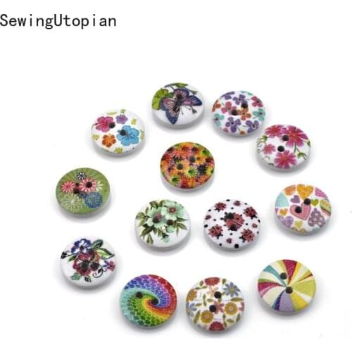 100PCS 15MM 2-Holes Round New Flower Printed Decorative Wood Sewing Buttons for Clothing Clothes Decoration DIY Craft