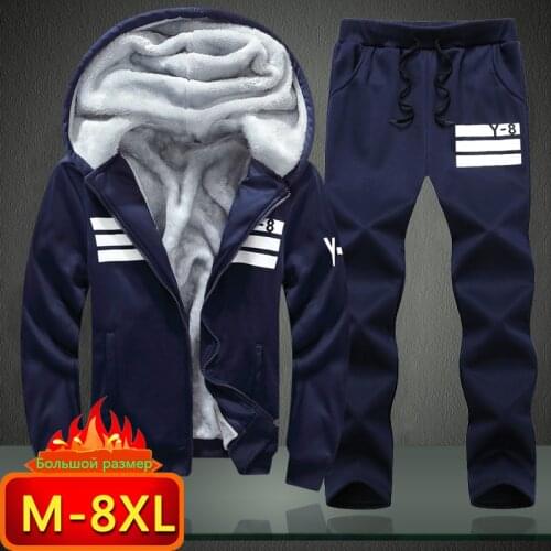 Plus Size New Mens Sets Fashion Brand Tracksuit Lined Thick Sweatshirt + Pants Sportswear Suit Male Pure Cotton Winter Suit