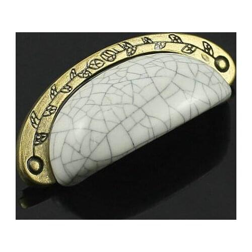 96mm Dresser Pull Drawer Pulls Handles Knob Metal Ceramic White Crack Antique Bronze Kitchen Cabinet Pulls Handle Knob porcelain