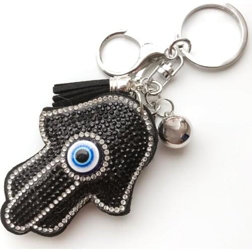 Hand Rhinestone Keychain Leather Tassel Crystal Turkey Evil Eye KeyChains Women Holder Bag Car Key Ring Fashion Eye Jewelry