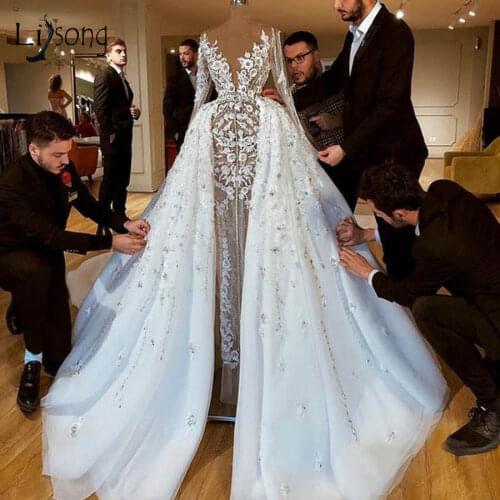 Sexy See Thru Lace Mermaid Wedding Dresses With Detachable Train Dubai Full Sleeves Bridal Gowns Robe De Mariee