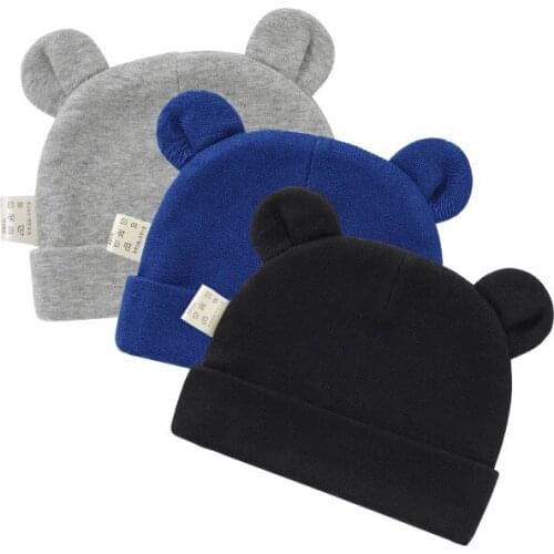 Newborn Baby Hat Preemie Boys Girls Beanie Solid Colorful Autumn Winter Cotton Bear Ear New Cap for Infant Toddlers 0-6M Kids