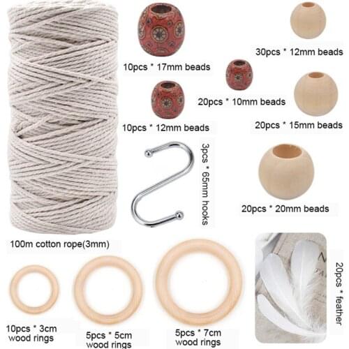Cord Soft Cotton Cord Rope with Wood Beads Wood Ring Wooden Stick Home Decor DIY for Plant Hangers, Crafts, Knitting