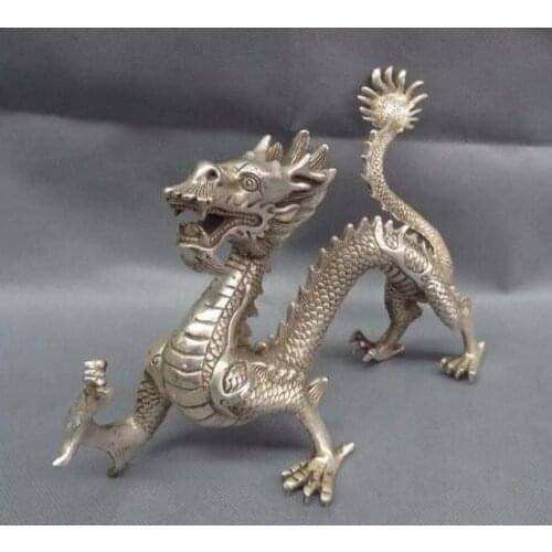 Antiguo coleccionable decorado antiguo trabajo a mano Tíbet plata tallado gran dragón estatua/escultura
