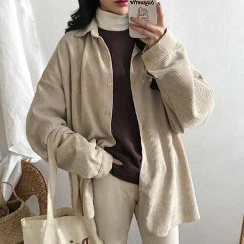Corduroy Shirt Women Vintage Turn Down Neck Coat Autumn Winter Jackets Single Breasted Buttons Cardigans Female Casual Outwear