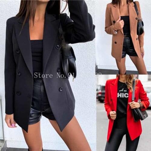 Winter Women Double Breasted Blazer Coats Solid Jackets Black Lapel Long Sleeves Button Office Lady Khaki Business Suits Blazer