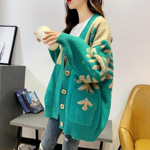 Lazy Wind Korean Style Sweaters Cardigan Fashion 2021 Autumn Winter Pocket Splicing Knit Jacket Embroidery Loose Women Clothing