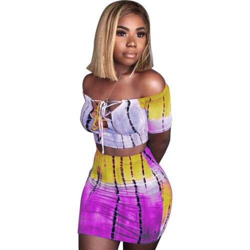 2019 Summer Women Tie Dye Sets 2Pcs Shoulderless Bodycon Crop Tops+High Waist Mini Skirt Colorful Party Cloubwear Women Outfits