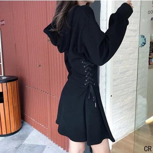 New 2020 Autumn Winter Hooded Dress Women Lace Up Waist Slim Black Gothic Dress Female Short Mini Harajuku Streetwear Vestidos