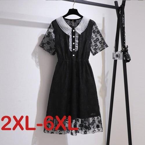 Plus Size Summer New Turn-Down Collar Short Sleeve Lace Dress Transparent High Waist Hollow Button Tunic Midi Dress Vestidos
