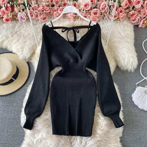 2021Spring Knitted Dress Women Sexy V Neck Puff Sleeve Elastic Sheath Knitting long sleeve Woman Dress Solid Mini Dresses Female