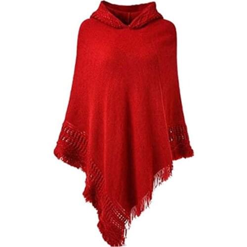 Women Winter Knitted Hooded Poncho Cape Solid Color Crochet Fringed Tassel Shawl Wrap Oversized Pullover Cloak Sweater