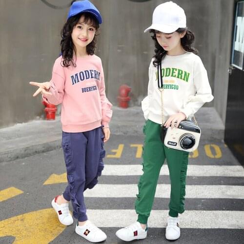 2020 Girls Spring Outfit Clothes 2 Pcs Childrens Fashion Lace Trimmings Spliced Clothing Sets Kids Fashionable Sports Suit X190