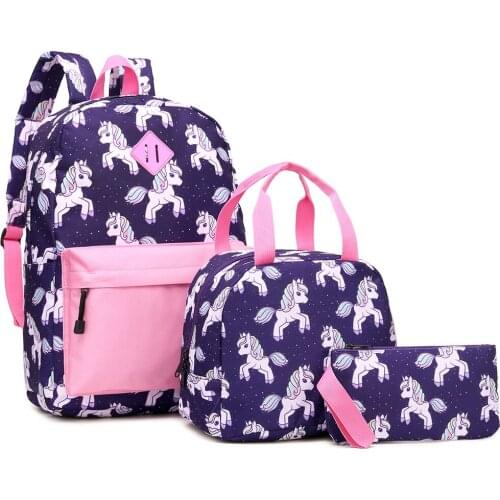 Purple Unicorn 3pcs Sets Backpack+Meal Pack+Pencil Case Printing School Canvas Student Teenage Bags Mini Travel Backpack Women