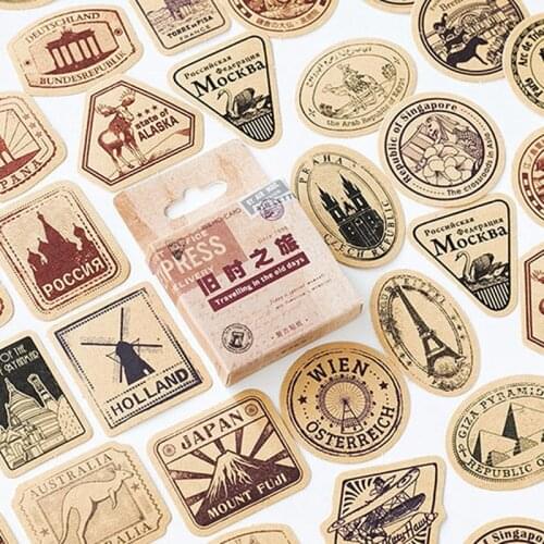 46Pcs Mohamm Travel Deco Diary Stamp Mini Vintage Paper Stickers Creative hand book items decorative shaped sealing stickers
