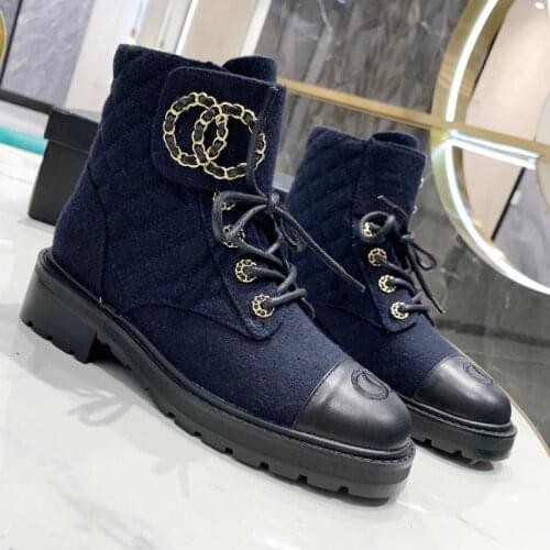 Grey cotton Ankle combat biker Boots for Women Round Toe martin booties platform Lace-Up chains-link buckle checked flats shoes