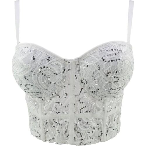 Fashion sequined beading crops tops bra Ballroom Costume Stage Party Club Push Up Bustier Crop Tops Corset Bralette tops F1952