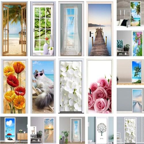 Decorative Wall Papers For The Door Stickers Nature Design Waterproof Vinyl Self Stick DIY 3D View Door Posters For Bathroom