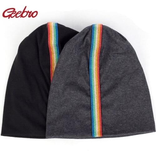 Geebro New Spring Winter Womens Rainbow Striped Beanies Unisex Slouchy Solid Skullies Cotton Caps For Girls Bonnets Cap Hat