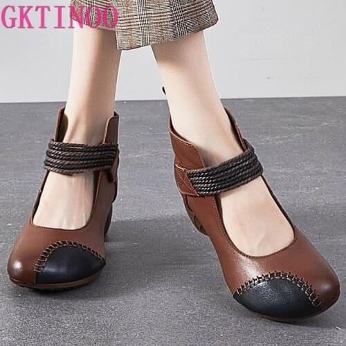 GKTINOO High Heels Genuine Leather Pumps Women Shoes 2021 New Autumn Hook & Loop Retro Casual Round Toe Handmade Ladies Shoes