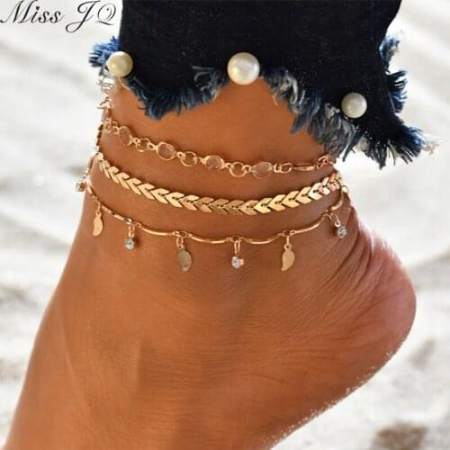 Miss JQ 3pcs/set Summer Style Multiple Layers Leafs Crystal Beads Anklets Sets For Women Retro Chain Anklets Beach Accessories
