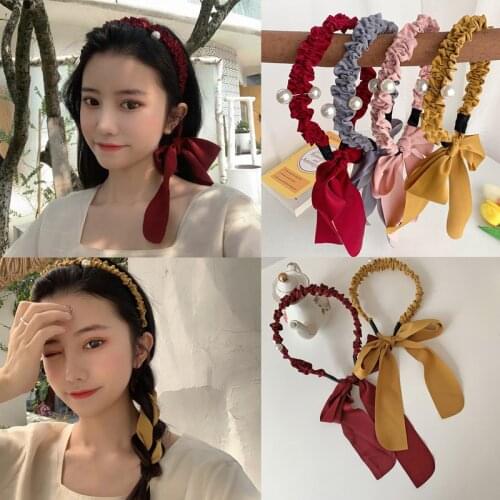 MueRaa Fashion Elegant Ribbon Pearls Bezel Hairband Wide Korean Style Women Girls Headband Hair Accessories Headwrap Headwear