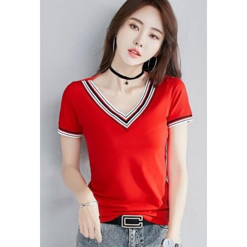 New Summer T-shirt Women 2021 Fashion Patchwork V-Neck Short Sleeve Back To The Basics Elastic Slim Cotton Tees Tops