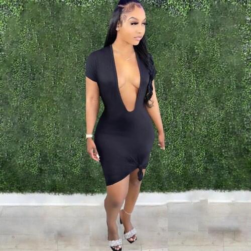 Orange/gray/black Tied Front Summer T-shirt Dress Women Deep V Neck Short Sleeve Sheath Dress Fashion Female Party Club Dress