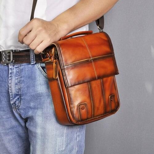 Original Leather Male Fashion Casual Tote Messenger Mochila bag Design Satchel Crossbody Shoulder bag 8" Tablets Pouch Men 152-o