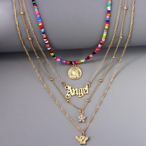 Boho Layered Acrylic Rice Beaded Necklace For Women Gold Angel Letter Round Coin Necklaces Rhinestone Flower Pendant Jewelry New