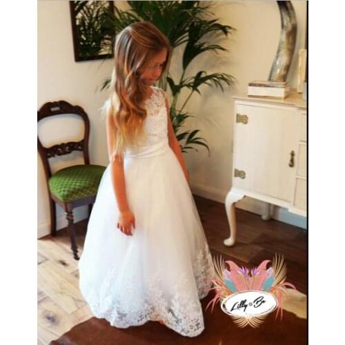 Sleeveless Sweep Train Flower Girl Dress Платья для девочек-цветочниц White Ceremonial Dress Lace+Tulle WF9753
