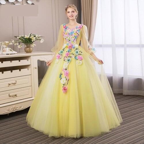 Quinceanera Dresses 2021 The Party Prom V-neck Ball Gown Full Cap Sleeve Sweet Sweet Floral Print Fashion Prom Dress F