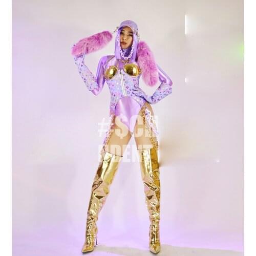 Sexy women performance wear Purple stage show dance costume technology party dj gogo outfit
