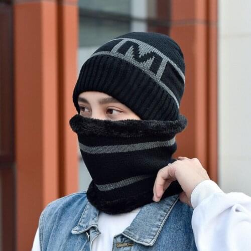 2Pcs Men Hat Scarf Set Winter Soft Warm Plush Thicken Beanies Scarves Outdoor Sports Hiking Male Cap Bonnet