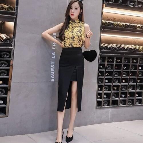 2021 Spring Summer New Sexy Fashion Women Formal Office Ladies Skirt Elegant Slim Front Split Knee-length Black OL Skirts Y609