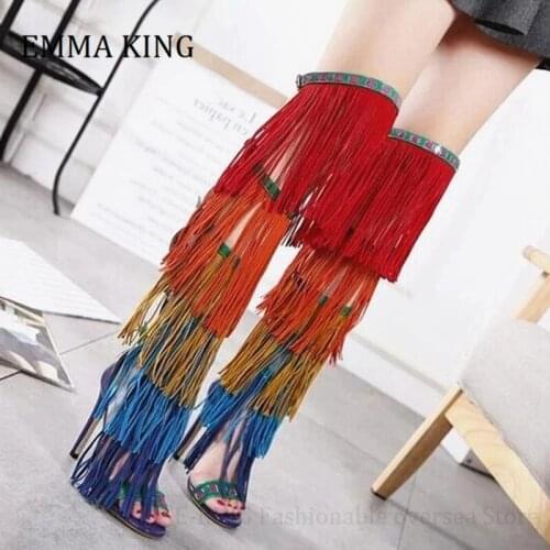 2021 Summer Women Colorful Fringed Sandals Boots Sexy Over The Knee Boots Open Toe Buckles Side Ladies Gladiator Botas De Mujer