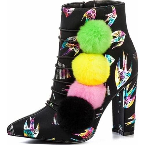 2021 Fashion Autumn Winter Boots Colorful Fish Print Women Ankle Boots Pompon High Heels Pointed Toe Women Pumps
