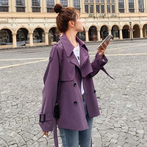 Spring Autumn Short Trench Coat Women 2021 New Korean Style Fashion Purple Khaki Women Windbreaker Female Loose Tooling Jacket