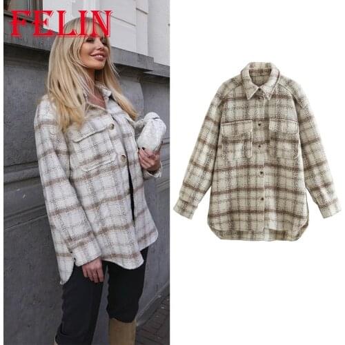 Za 2021 Chic Women Plaid Jacket Fashion Autumn Winter Beige Blue Red Cotton Texture Outwear Casual Warm All-match Pockets Blazer