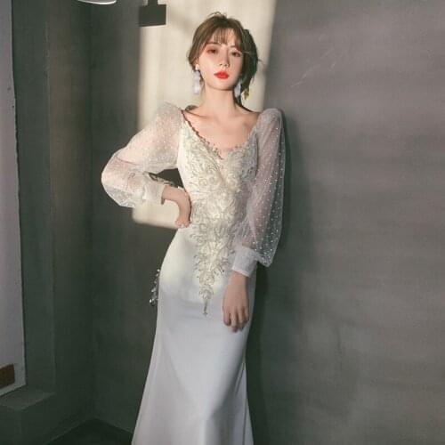 Elegant Lace Long Sleeve Sequins Applique Daily Mermaid Evening Dress Women Back Zipper Formal Gowns Robe De Soiree Cheongsam